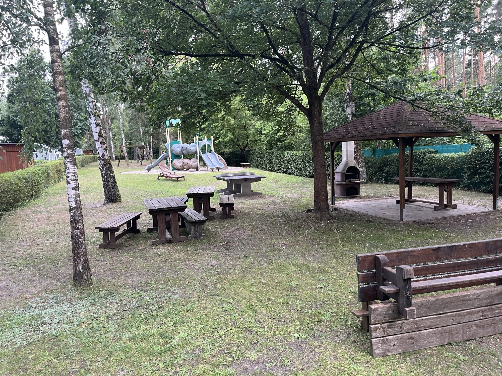 A playground, picnic tables, and a covered grill hut tucked into the forest near the house