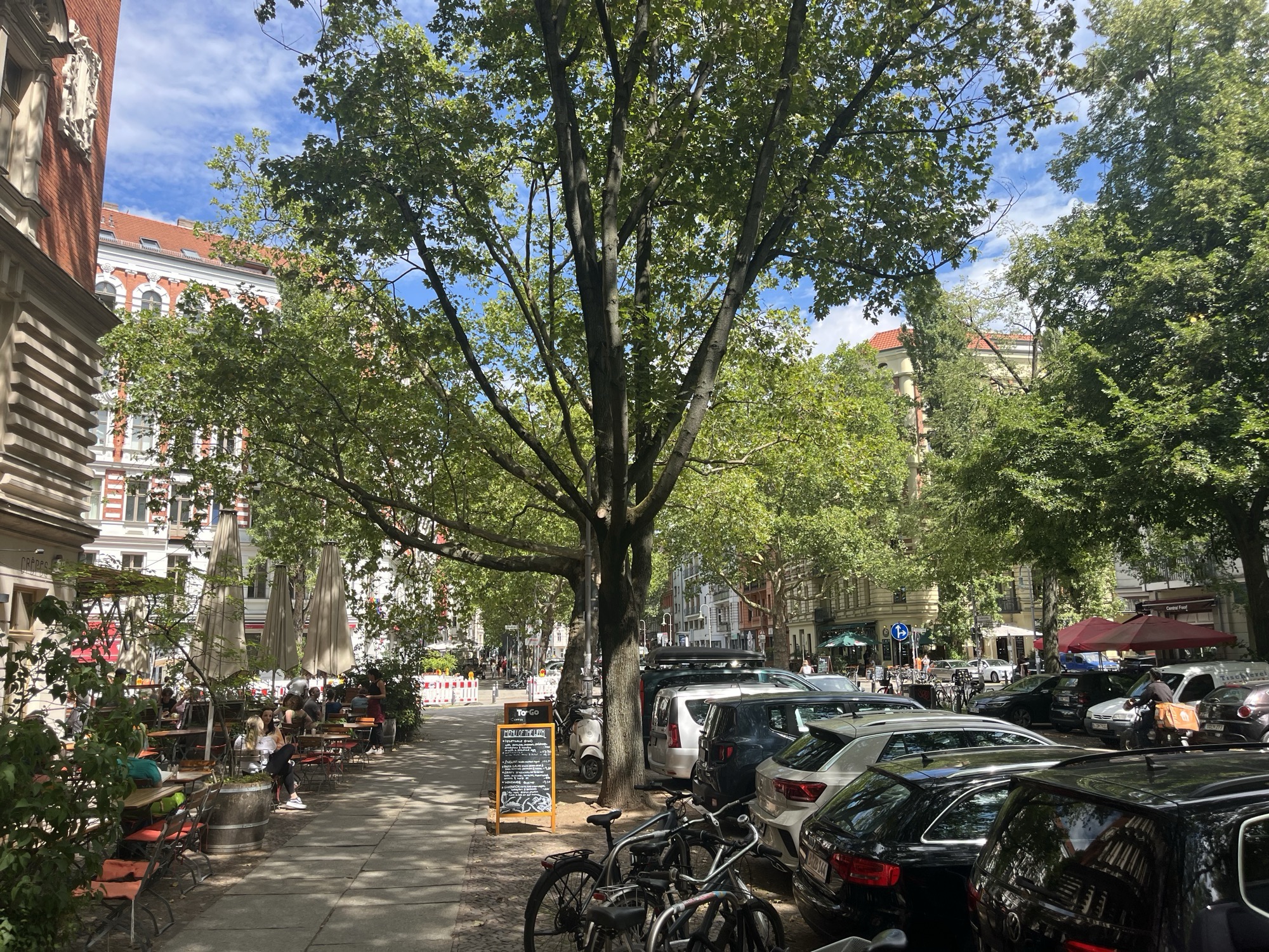A leafy corner in Prenzlauer Berg: sidewalk cafe tables under plane trees, bikes and parked cars along the street